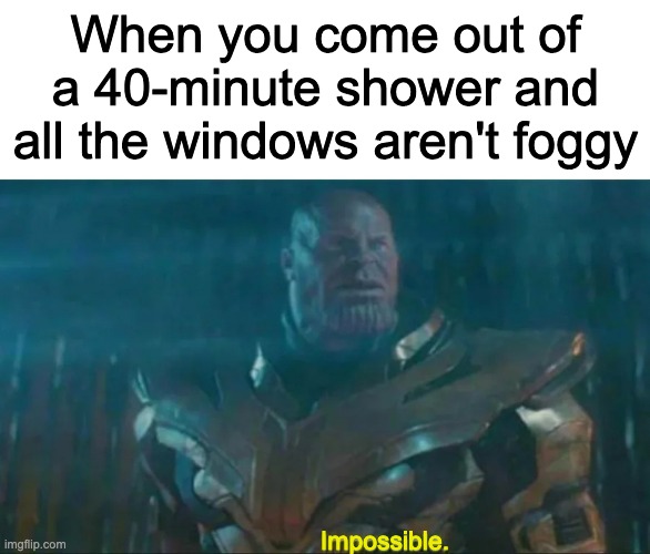 I forgot that the shower was cool | When you come out of a 40-minute shower and all the windows aren't foggy; Impossible. | image tagged in thanos impossible | made w/ Imgflip meme maker