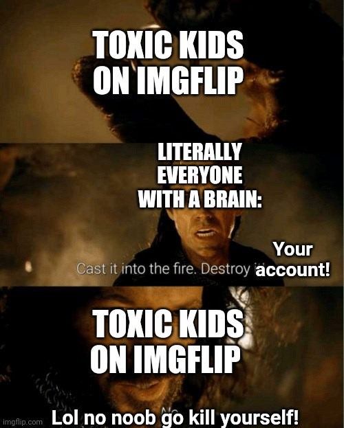 Some kids just won't learn | TOXIC KIDS ON IMGFLIP; LITERALLY EVERYONE WITH A BRAIN:; Your account! TOXIC KIDS ON IMGFLIP; Lol no noob go kill yourself! | image tagged in cast it in the fire,memes | made w/ Imgflip meme maker