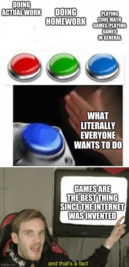 PLAYING COOL MATH GAMES/PLAYING GAMES IN GENERAL; DOING ACTUAL WORK; DOING HOMEWORK; WHAT LITERALLY EVERYONE WANTS TO DO; GAMES ARE THE BEST THING SINCE THE INTERNET WAS INVENTED | image tagged in red green blue buttons,and that's a fact | made w/ Imgflip meme maker