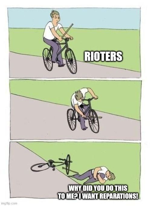 Bike Fall Meme | RIOTERS WHY DID YOU DO THIS TO ME? I WANT REPARATIONS! | image tagged in bicycle | made w/ Imgflip meme maker