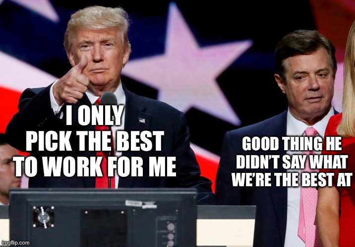 Bipartisan R-led committee report - Manafort was a counterintelligence threat | GOOD THING HE DIDN’T SAY WHAT WE’RE THE BEST AT; I ONLY PICK THE BEST TO WORK FOR ME | image tagged in trump manafort | made w/ Imgflip meme maker