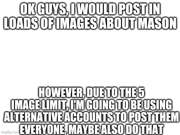 Blank White Template | OK GUYS, I WOULD POST IN LOADS OF IMAGES ABOUT MASON; HOWEVER, DUE TO THE 5 IMAGE LIMIT, I'M GOING TO BE USING ALTERNATIVE ACCOUNTS TO POST THEM
EVERYONE, MAYBE ALSO DO THAT | image tagged in blank white template | made w/ Imgflip meme maker