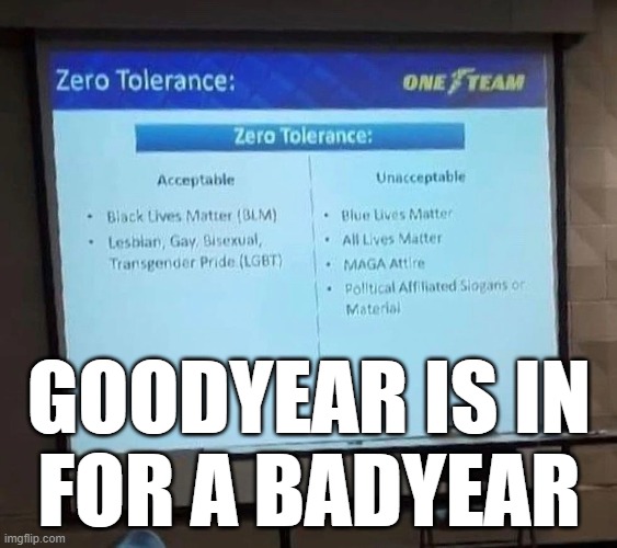 Zero tolerance for Goodyear. | GOODYEAR IS IN
FOR A BADYEAR | image tagged in goodyear,memes | made w/ Imgflip meme maker