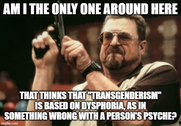 If you don't "feel" like the GENDER YOU WERE CREATED TO BE, shouldn't you seek mental help? | AM I THE ONLY ONE AROUND HERE; THAT THINKS THAT "TRANSGENDERISM" IS BASED ON DYSPHORIA, AS IN SOMETHING WRONG WITH A PERSON'S PSYCHE? | image tagged in memes,am i the only one around here | made w/ Imgflip meme maker