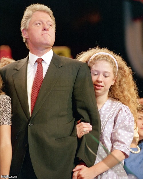 When your dad is part of an elite peadophile ring, but you know you're safe because you look like your mom | image tagged in bill clinton,chelsea clinton,ugly | made w/ Imgflip meme maker