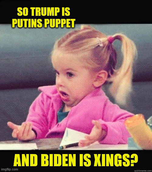 Dafuq Girl | SO TRUMP IS PUTINS PUPPET AND BIDEN IS XINGS? | image tagged in dafuq girl | made w/ Imgflip meme maker