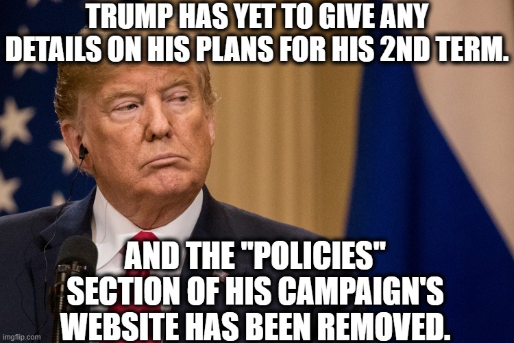 And you would vote for this? | TRUMP HAS YET TO GIVE ANY DETAILS ON HIS PLANS FOR HIS 2ND TERM. AND THE "POLICIES" SECTION OF HIS CAMPAIGN'S WEBSITE HAS BEEN REMOVED. | image tagged in donald trump,election 2020,joe biden,traitor,russia,election | made w/ Imgflip meme maker