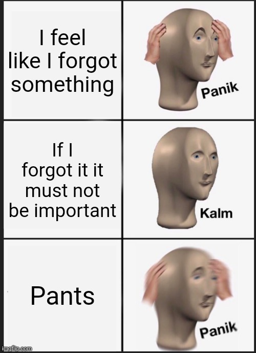 Panik Kalm Panik Meme | I feel like I forgot something; If I forgot it it must not be important; Pants | image tagged in memes,panik kalm panik | made w/ Imgflip meme maker