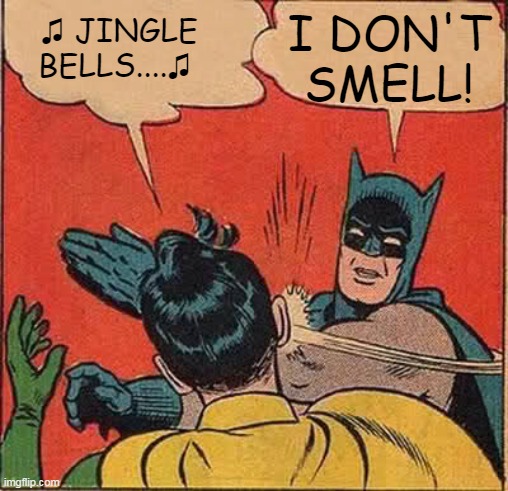 Batman Slapping Robin Meme | ♫ JINGLE BELLS....♫ I DON'T SMELL! | image tagged in memes,batman slapping robin | made w/ Imgflip meme maker