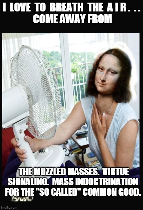 I  LOVE  TO  BREATH  THE  A I R .  . .
 COME AWAY FROM; THE MUZZLED MASSES.  VIRTUE SIGNALING.  MASS INDOCTRINATION FOR THE "SO CALLED" COMMON GOOD. | image tagged in muzzled masses | made w/ Imgflip meme maker