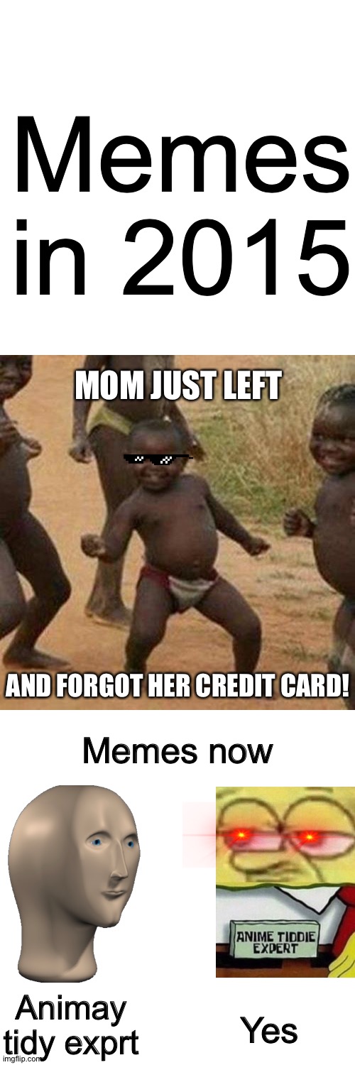 Third World Success Kid | Memes in 2015; MOM JUST LEFT; AND FORGOT HER CREDIT CARD! Memes now; Animay tidy exprt; Yes | image tagged in memes,third world success kid | made w/ Imgflip meme maker