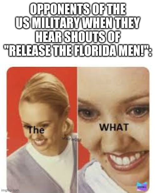 The WHAT | OPPONENTS OF THE US MILITARY WHEN THEY HEAR SHOUTS OF "RELEASE THE FLORIDA MEN!": | image tagged in the what,us military,florida man | made w/ Imgflip meme maker