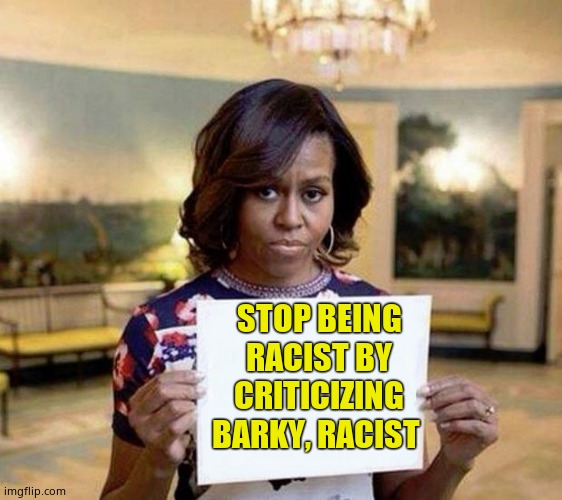 Michelle Obama blank sheet | STOP BEING RACIST BY CRITICIZING BARKY, RACIST | image tagged in michelle obama blank sheet | made w/ Imgflip meme maker