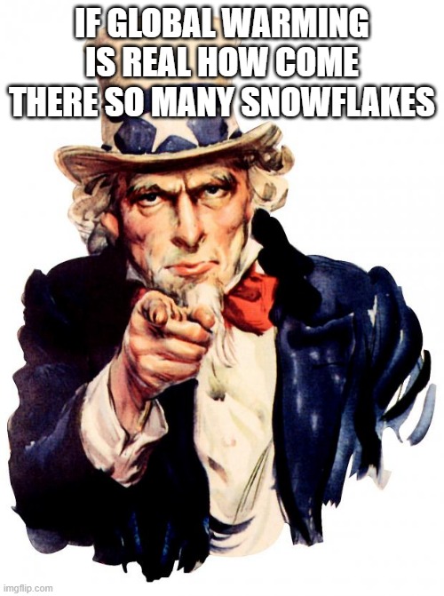 Uncle Sam Meme | IF GLOBAL WARMING IS REAL HOW COME THERE SO MANY SNOWFLAKES | image tagged in memes,uncle sam | made w/ Imgflip meme maker