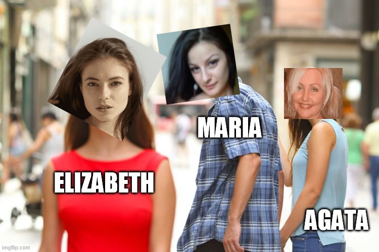 Distracted teacher | MARIA; ELIZABETH; AGATA | image tagged in memes,distracted boyfriend,teacher | made w/ Imgflip meme maker