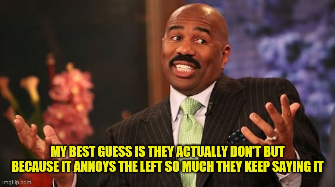 Steve Harvey Meme | MY BEST GUESS IS THEY ACTUALLY DON'T BUT BECAUSE IT ANNOYS THE LEFT SO MUCH THEY KEEP SAYING IT | image tagged in memes,steve harvey | made w/ Imgflip meme maker