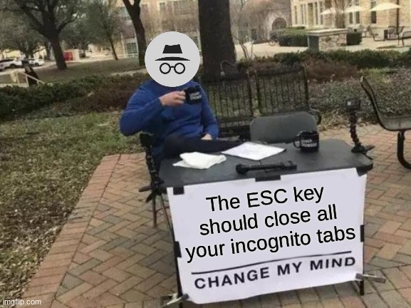 But it should | The ESC key should close all your incognito tabs | image tagged in memes,change my mind,funny,upvote if you agree | made w/ Imgflip meme maker