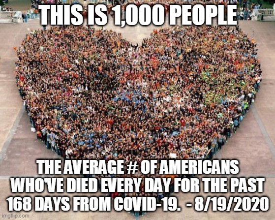 1,000 people a day | THIS IS 1,000 PEOPLE; THE AVERAGE # OF AMERICANS WHO'VE DIED EVERY DAY FOR THE PAST 168 DAYS FROM COVID-19.  - 8/19/2020 | image tagged in memes,covid-19 | made w/ Imgflip meme maker