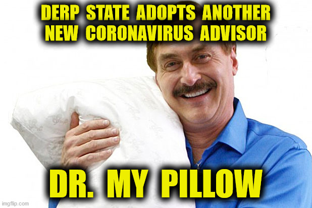 Couldn't Even Tell the Truth About His Pillows | DERP  STATE  ADOPTS  ANOTHER
NEW  CORONAVIRUS  ADVISOR; DR.  MY  PILLOW | image tagged in my pillow,trump,coronavirus,covid-19,oleander,memes | made w/ Imgflip meme maker