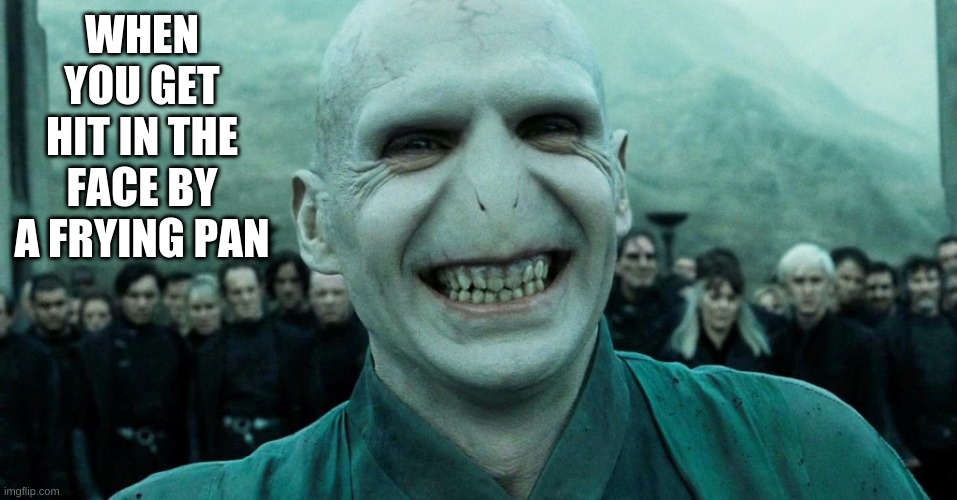 Savage Harry Potter joke | WHEN YOU GET HIT IN THE FACE BY A FRYING PAN | image tagged in savage harry potter joke | made w/ Imgflip meme maker