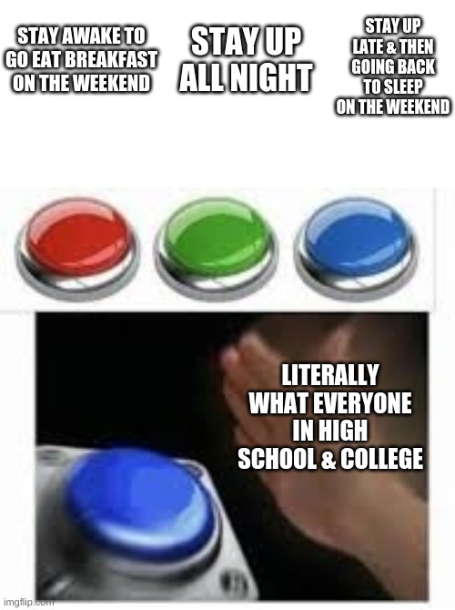 Blank Nut Button with 3 Buttons Above | STAY UP LATE & THEN GOING BACK TO SLEEP ON THE WEEKEND STAY AWAKE TO GO EAT BREAKFAST ON THE WEEKEND STAY UP ALL NIGHT LITERALLY WHAT EVERYO | image tagged in blank nut button with 3 buttons above | made w/ Imgflip meme maker