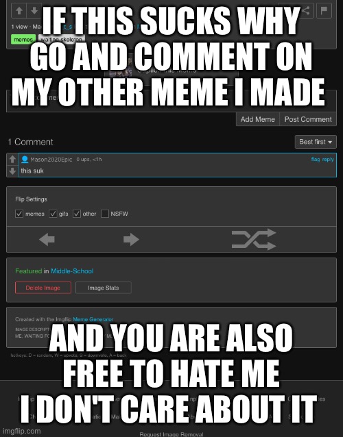 IF THIS SUCKS WHY GO AND COMMENT ON MY OTHER MEME I MADE; AND YOU ARE ALSO FREE TO HATE ME I DON'T CARE ABOUT IT | made w/ Imgflip meme maker