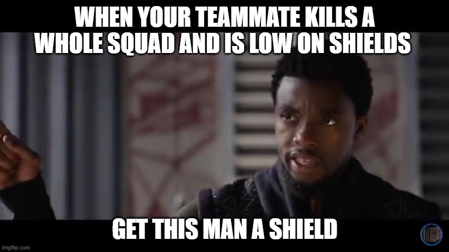 Black Panther - Get this man a shield | WHEN YOUR TEAMMATE KILLS A WHOLE SQUAD AND IS LOW ON SHIELDS; GET THIS MAN A SHIELD | image tagged in black panther - get this man a shield | made w/ Imgflip meme maker