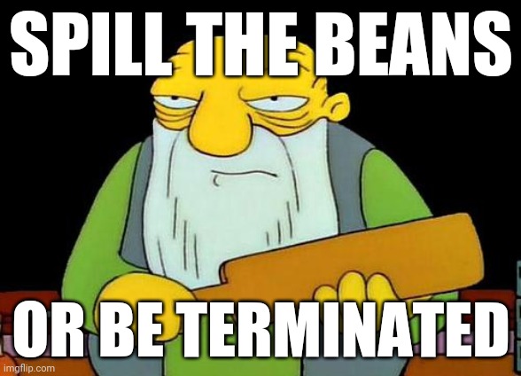 That's a paddlin' Meme | SPILL THE BEANS; OR BE TERMINATED | image tagged in memes,that's a paddlin' | made w/ Imgflip meme maker