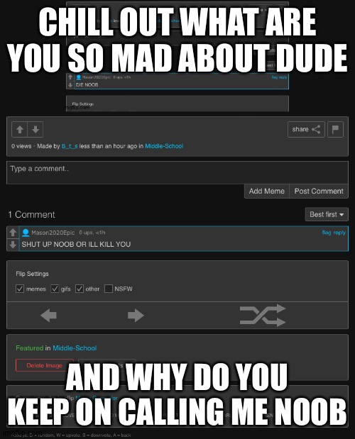 CHILL OUT WHAT ARE YOU SO MAD ABOUT DUDE; AND WHY DO YOU KEEP ON CALLING ME NOOB | made w/ Imgflip meme maker