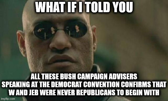 Turns out the Bush family were RINOs all along | WHAT IF I TOLD YOU; ALL THESE BUSH CAMPAIGN ADVISERS
SPEAKING AT THE DEMOCRAT CONVENTION CONFIRMS THAT W AND JEB WERE NEVER REPUBLICANS TO BEGIN WITH | image tagged in matrix morpheus,bush,rino,fake conservatives | made w/ Imgflip meme maker