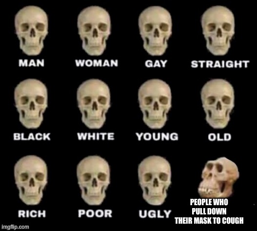 But its true | PEOPLE WHO PULL DOWN THEIR MASK TO COUGH | image tagged in idiot skull | made w/ Imgflip meme maker