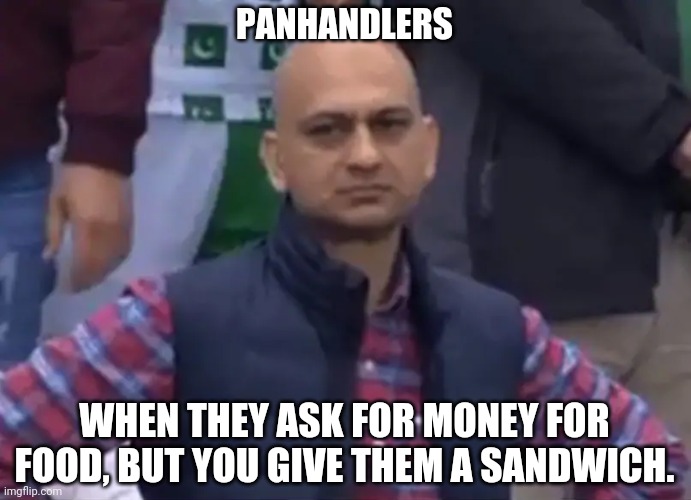 Sandwiches!  Never leave home without one. | PANHANDLERS; WHEN THEY ASK FOR MONEY FOR FOOD, BUT YOU GIVE THEM A SANDWICH. | image tagged in disappointed cricket fan | made w/ Imgflip meme maker