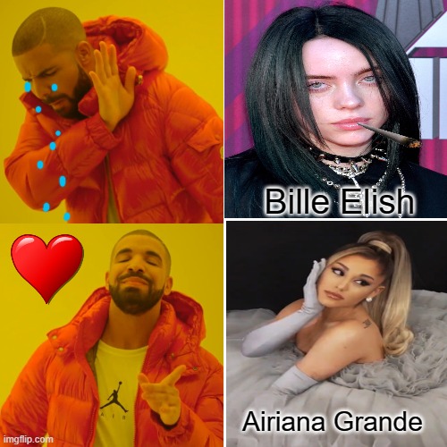 Drake Hotline Bling | Bille Elish; Airiana Grande | image tagged in memes,drake hotline bling | made w/ Imgflip meme maker