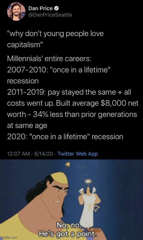 Capitalism needs to actually deliver on its promises rather than just enrich the already-wealthy, or young folks will lose faith | image tagged in no no he's got a point mq redux,capitalism,because capitalism,socialism,young,millennials | made w/ Imgflip meme maker