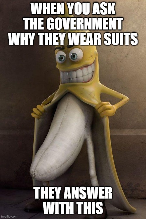 http://cl.jroo.me/z3/M/8/V/d/a.aaa-Banana-Stalker.jpg | WHEN YOU ASK THE GOVERNMENT WHY THEY WEAR SUITS; THEY ANSWER WITH THIS | image tagged in http //cl jroo me/z3/m/8/v/d/a aaa-banana-stalker jpg | made w/ Imgflip meme maker