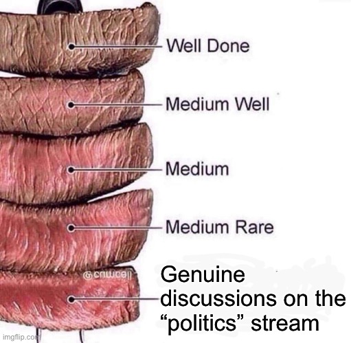 Rare but it happens (almost never) | Genuine discussions on the “politics” stream | image tagged in really rare,civilized discussion,rare,rare steak meme,politics,the daily struggle imgflip edition | made w/ Imgflip meme maker