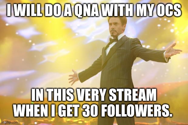 Tony Stark success | I WILL DO A QNA WITH MY OCS; IN THIS VERY STREAM WHEN I GET 30 FOLLOWERS. | image tagged in tony stark success | made w/ Imgflip meme maker