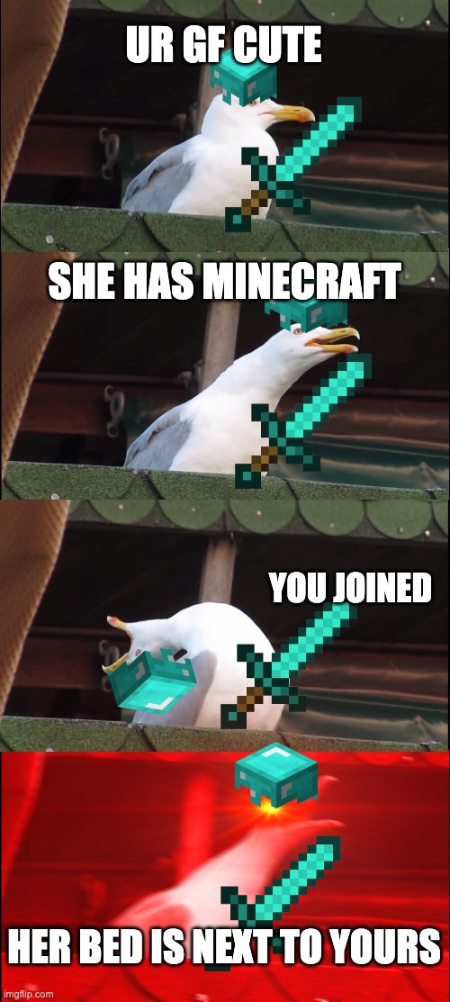 minecraft gf | UR GF CUTE; SHE HAS MINECRAFT; YOU JOINED; HER BED IS NEXT TO YOURS | image tagged in memes,inhaling seagull | made w/ Imgflip meme maker