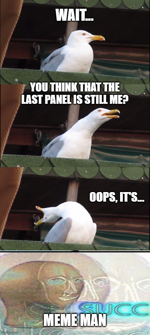 Inhaling Seagull Meme | WAIT... YOU THINK THAT THE LAST PANEL IS STILL ME? OOPS, IT'S... MEME MAN | image tagged in memes,inhaling seagull | made w/ Imgflip meme maker