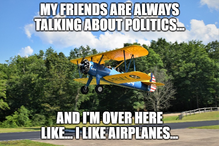flying fun | MY FRIENDS ARE ALWAYS TALKING ABOUT POLITICS... AND I'M OVER HERE LIKE... I LIKE AIRPLANES... | image tagged in aviation | made w/ Imgflip meme maker