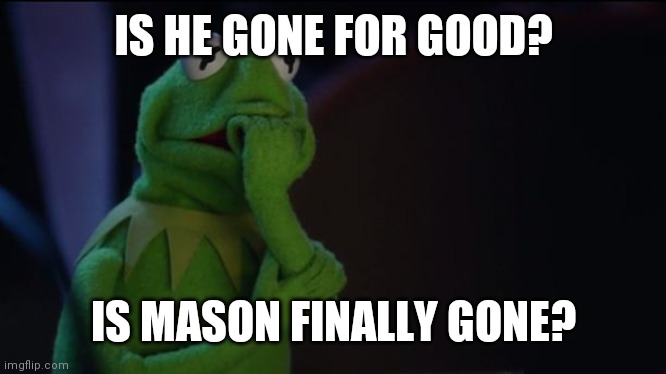 Kermit worried face | IS HE GONE FOR GOOD? IS MASON FINALLY GONE? | image tagged in kermit worried face | made w/ Imgflip meme maker