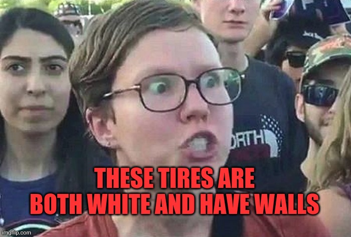 Triggered Liberal | THESE TIRES ARE BOTH WHITE AND HAVE WALLS | image tagged in triggered liberal | made w/ Imgflip meme maker