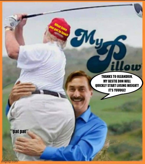 A LOT to Lose |  What have you got to lose? THANKS TO OLEANDRIN, MY BESTIE DON WILL
QUICKLY START LOSING WEIGHT!
IT'S YUUUGE! **pat pat** | image tagged in trump,my pillow,weight loss,lindell | made w/ Imgflip meme maker