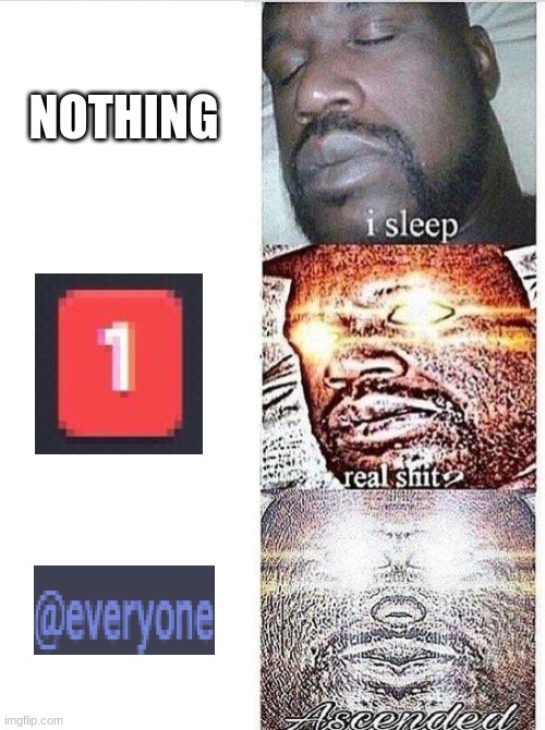 haha discord meme go funni |  NOTHING | image tagged in sleeping shaq ascended,discord,ping,everyone | made w/ Imgflip meme maker