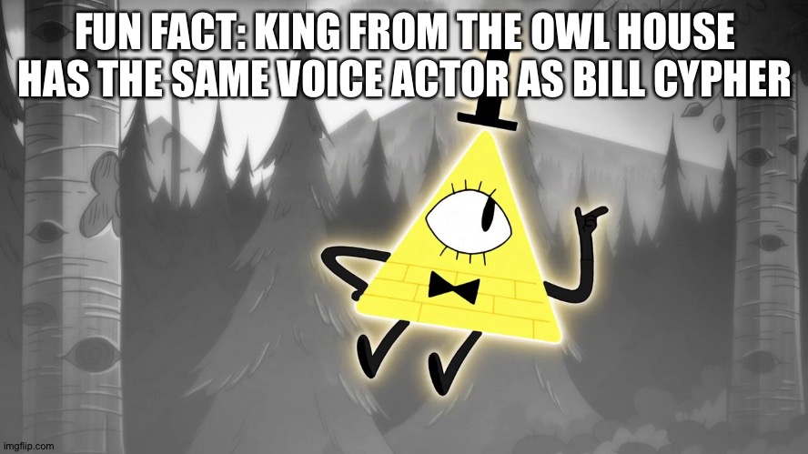 They sounded the same so I looked it up,also the creator of gravity falls voices them | FUN FACT: KING FROM THE OWL HOUSE HAS THE SAME VOICE ACTOR AS BILL CYPHER | image tagged in gravity falls bill cipher | made w/ Imgflip meme maker