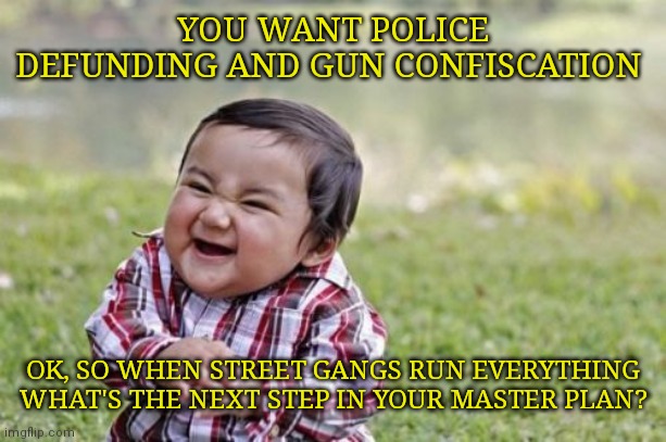 You're so wise Mr idealist...tell me more | YOU WANT POLICE DEFUNDING AND GUN CONFISCATION; OK, SO WHEN STREET GANGS RUN EVERYTHING WHAT'S THE NEXT STEP IN YOUR MASTER PLAN? | image tagged in memes,evil toddler | made w/ Imgflip meme maker