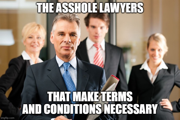 lawyers | THE ASSHOLE LAWYERS THAT MAKE TERMS AND CONDITIONS NECESSARY | image tagged in lawyers | made w/ Imgflip meme maker