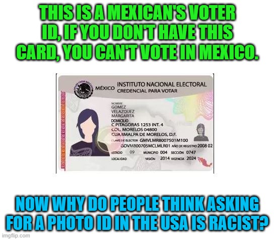 Mexican voter ID | THIS IS A MEXICAN'S VOTER ID, IF YOU DON'T HAVE THIS CARD, YOU CAN'T VOTE IN MEXICO. NOW WHY DO PEOPLE THINK ASKING FOR A PHOTO ID IN THE USA IS RACIST? | image tagged in mexican voter id | made w/ Imgflip meme maker