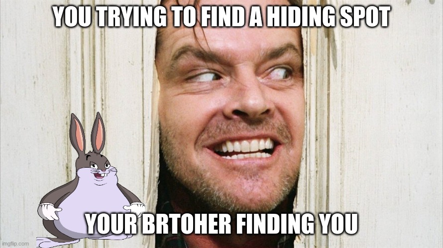 YOU TRYING TO FIND A HIDING SPOT; YOUR BRTOHER FINDING YOU | image tagged in heres johnny | made w/ Imgflip meme maker