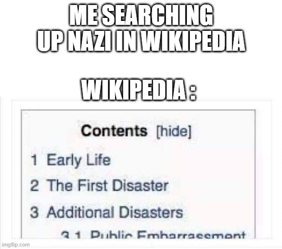 That first disaster... | ME SEARCHING UP NAZI IN WIKIPEDIA; WIKIPEDIA : | image tagged in wikipedia page,nazi | made w/ Imgflip meme maker